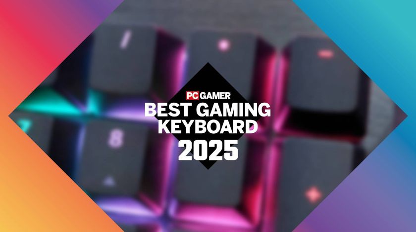 Blurred keyboard keys behind a Best Gaming Keyboard 2025 PC Gamer label and border.