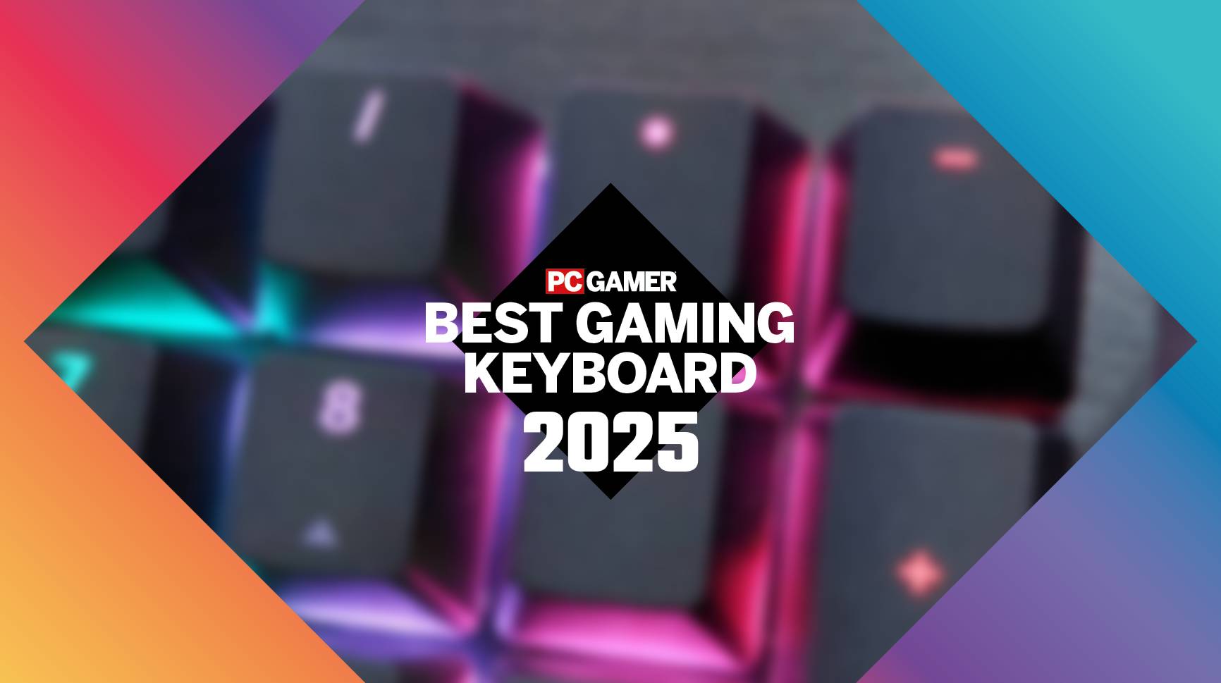 Blurred keyboard keys behind a Best Gaming Keyboard 2025 PC Gamer label and border.