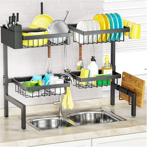 Snslxh 4 Baskets 2-Tier Over the Sink Dish Drying Rack, 26.57"-35", Large Sink Rack for Kitchen, Extensible and Adjustable, Saving Kitchen Space