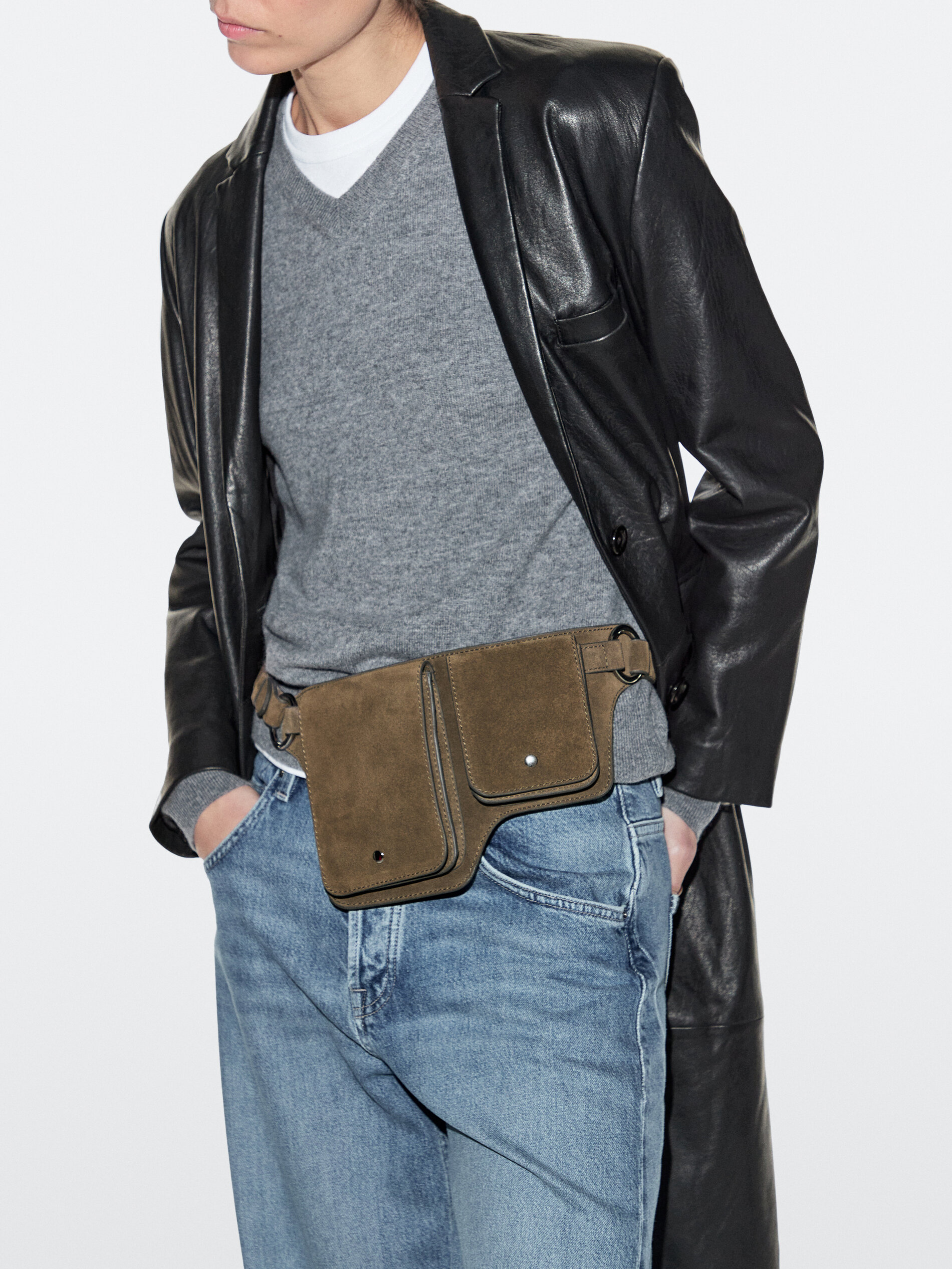 Split Leather Double Compartment Belt Bag