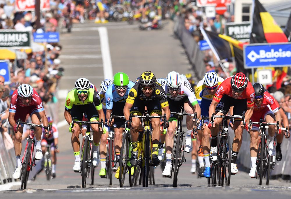 The sprinters bear down on the line at stage 1 of the Belgium Tour