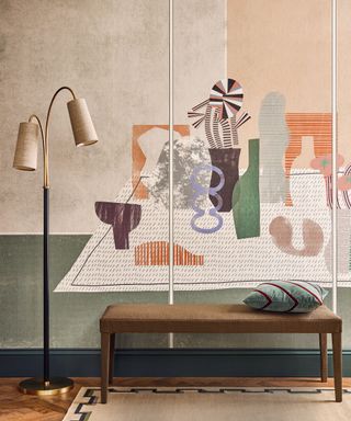 Artistic wallpaper with abstract table scene, bench, floor lamp, textured rug