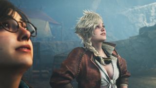 A screenshot from Monster Hunter Wilds: Ascendance showing two main characters looking into the distance