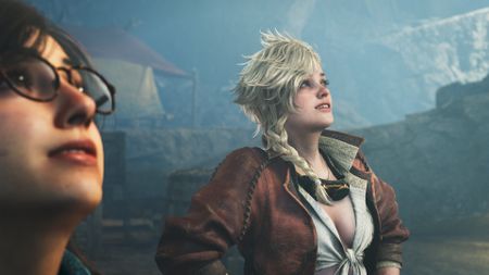 A screenshot from Monster Hunter Wilds: Ascendance showing two main characters looking into the distance
