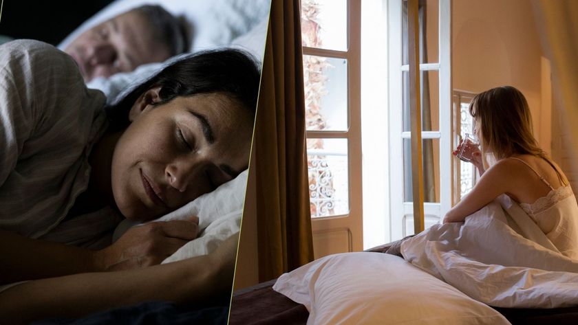 The composite image shows a dark haired woman sleeping peacefully in bed on the left and a dark haired woman sitting up in bed and drinking a cup of coffee in front of an open window