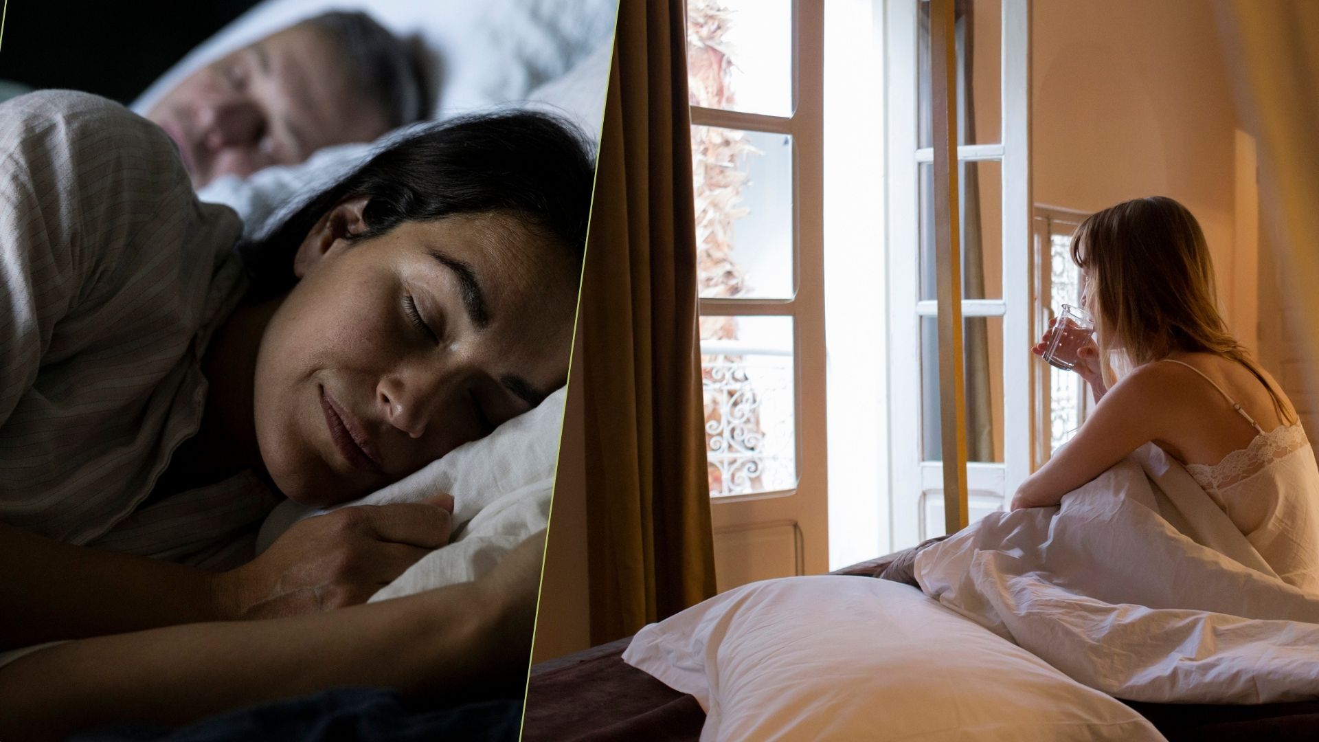 The composite image shows a dark haired woman sleeping peacefully in bed on the left and a dark haired woman sitting up in bed and drinking a cup of coffee in front of an open window