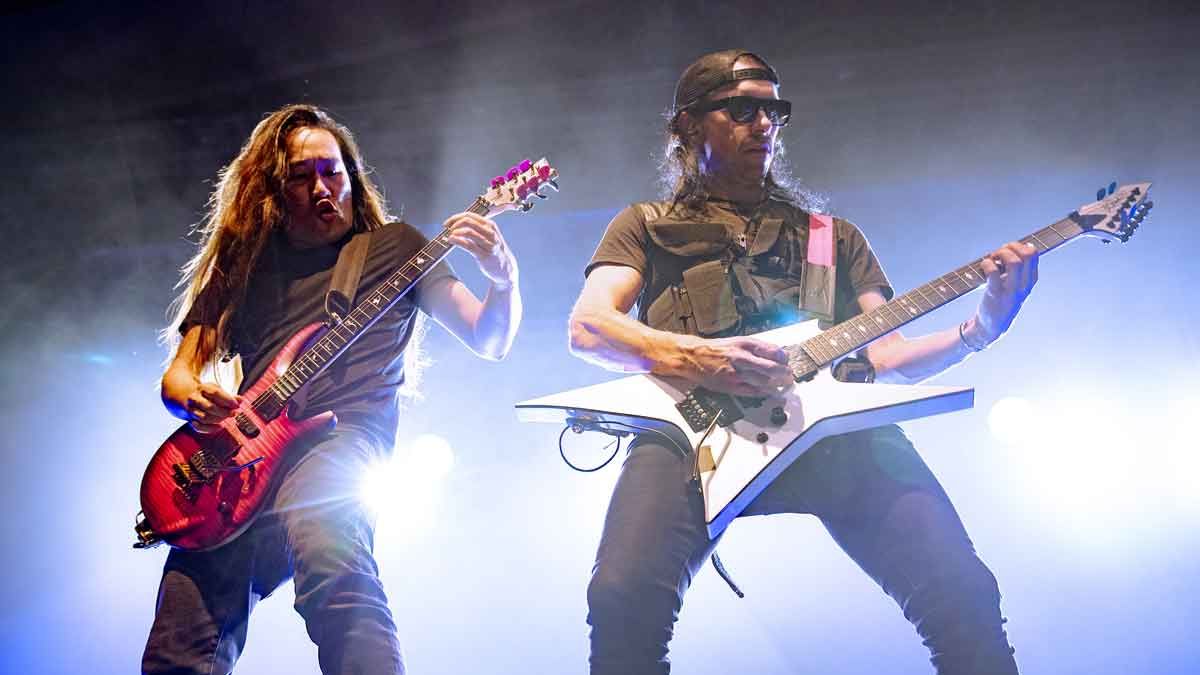 Herman Li and Sam Totman of Dragonforce perform at The UC Theatre Taube Family Music Hall on November 18, 2023 in Berkeley, California.