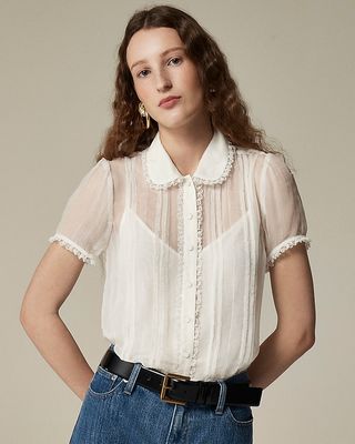 Sheer Lace-Trim Button-Up Shirt