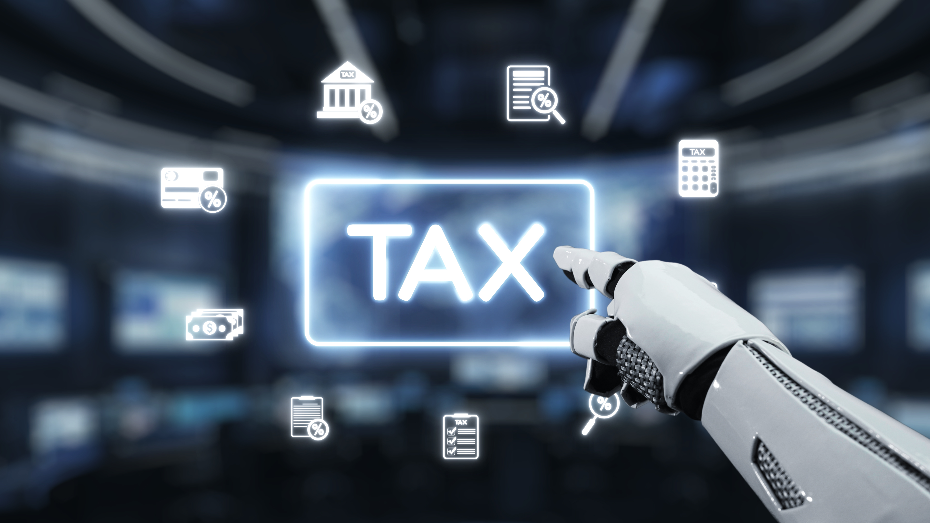 robot arm pointing at a screen with Tax written on it 