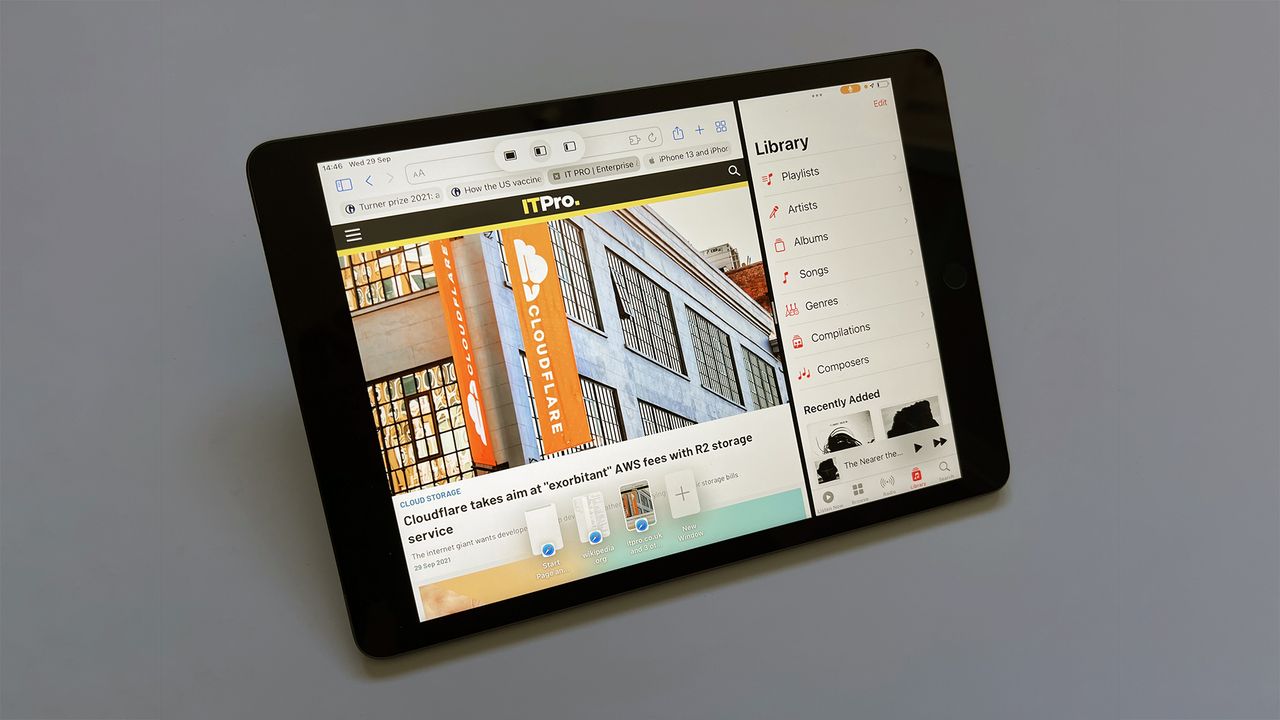A photograph of the 12.9in 2021 Apple iPad Pro showing some of iOS 15's UI features