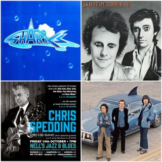 Clockwise from top left: Sharks' debut album, First Water; follow-up Jab It In Yore Eye; the band with the Sharks car that Andy Fraser was later injured in; Spedding prepares to pay tribute.