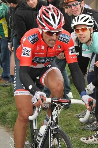 Fabian Cancellara (Team Saxo Bank) looked fresh at the day's ninth climb, Paterberg.