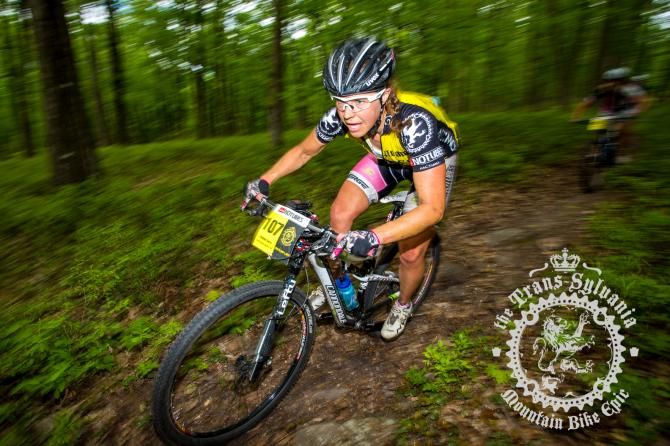 2013 NoTubes Trans-Sylvania Epic women&rsquo;s winner Amanda Carey defends her leader&rsquo;s jersey.
