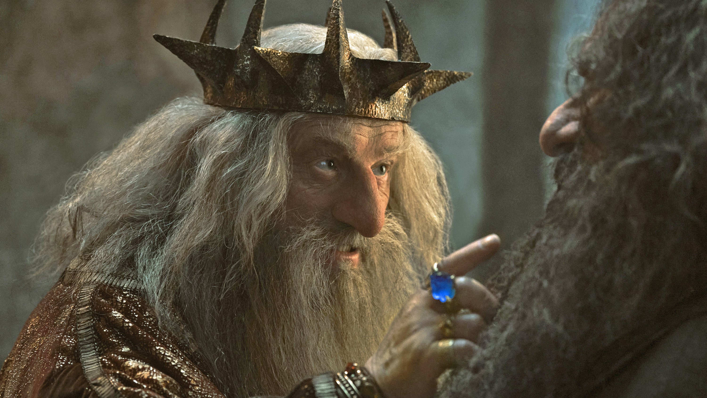 King Durin speaks to Narvi while wearing his dwarven ring in The Rings of Power season 2