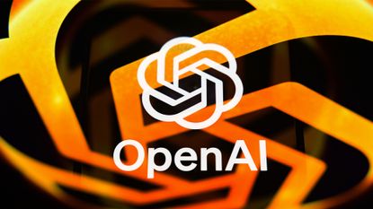 OpenAI logo and branding pictured in white coloring with orange company logo superimposed over background.