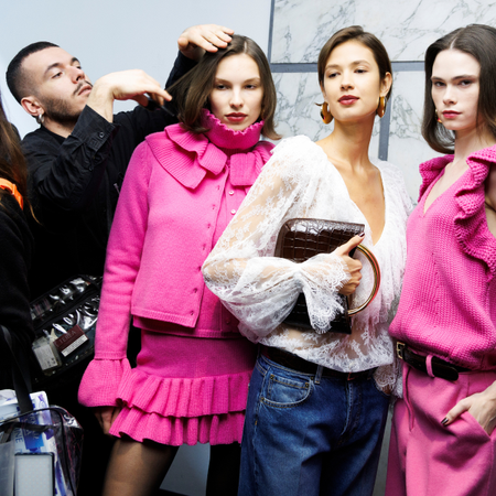 Models pos backstage at the Luisa Spagnoli fashion show during the Milan Fashion Week - Womenswear Fall/Winter 2025/2026 on March 01, 2025 in Milan, Italy.