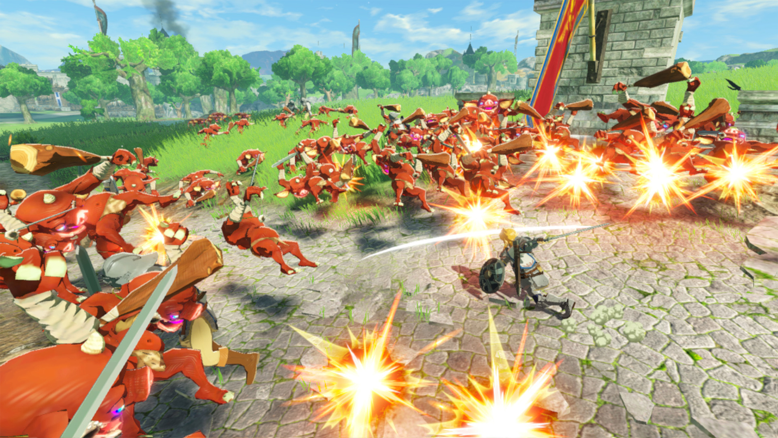 Hyrule Warriors: Age of Calamity, a person swipes a horde with a sword