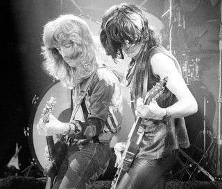 The guitar duo Brad Whitford and Joe Perry perform with "Aerosmith" at Winterland in San Francisco, California on Feburary 07, 1976.