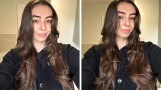 Collage of pictures of Digital Beauty Writer, Sennen Prickett, with half her hair curled by the Beauty Works Aeris (Left) and the Dyson Airwrap (right)