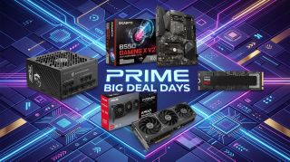 Prime Big Deal Days ad featuring a power supply, Gigabyte B550 motherboard, RAM, and graphics card on a glowing blue-purple circuit-board background.