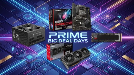 Prime Big Deal Days ad featuring a power supply, Gigabyte B550 motherboard, RAM, and graphics card on a glowing blue-purple circuit-board background.
