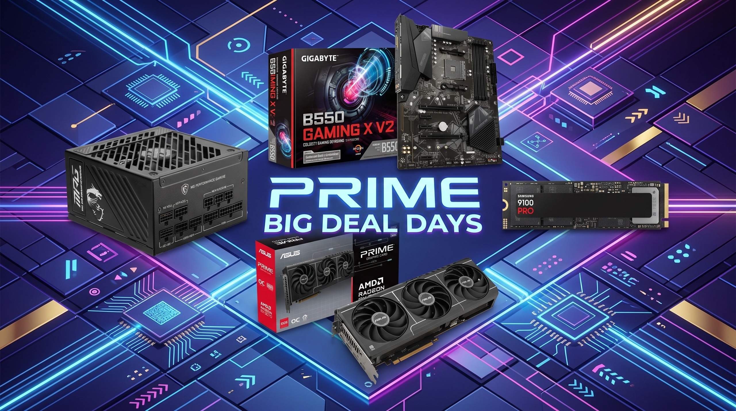 Prime Big Deal Days ad featuring a power supply, Gigabyte B550 motherboard, RAM, and graphics card on a glowing blue-purple circuit-board background.
