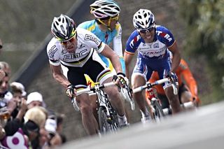World Champion Cadel Evans (BMC) leads toward the line.