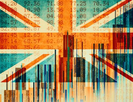 UK flag (Union Jack) overlaid with financial figures 