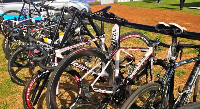 The GPM-Data#3 Focus bikes get racked up at the end of Tour of Toowoomba's Stage 1