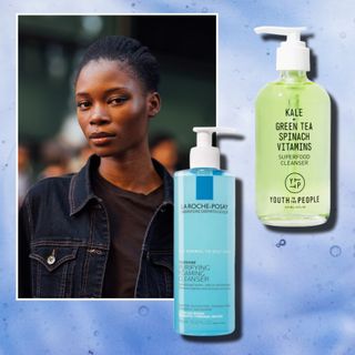 a black woman in a denim jacket with short hair on a blue background with two pump bottles of cleansers for combination skin