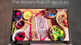 Samsung's world-first 77-inch QD-OLED on brown background