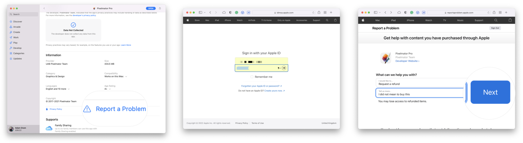 How to get an iTunes or App Store refund on Mac: Scroll the app's listing and click Report a Problem. You'll then be taken to Apple's refund site in Safari. Sign in with your Apple ID and Password, then select Request a refund from the drop-down menu, then select your reason from the subsequent drop-down menu. Click Next, then click Submit