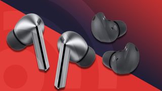 Samsung Galaxy Buds 3 Pro and Buds 2 Pro, on red TR background