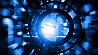 An artist&#039;s rendering of a clock with an abstract blue background