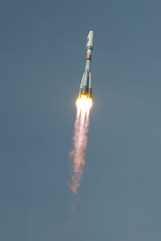 Photo of Soyuz rocket launching European Galileo navigation satellites.
