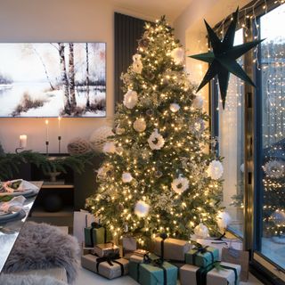 A dining room with a set table with a lit-up Christmas tree and curtain lights decorating windows