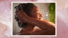 A woman with short, coily hair, washing her hair in the shower and smiling on a pink watercolour background