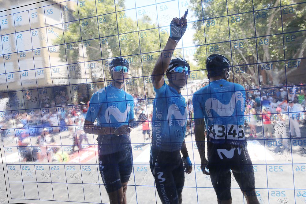 Movistar riders sign in for stage 1 at the Vuelta a San Juan