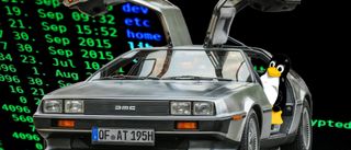 A DeLorean car with Tux the Penguin