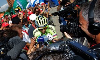 Alberto Contador (Tinkoff) speaks to the press after stage 17 at the Vuelta a Espana