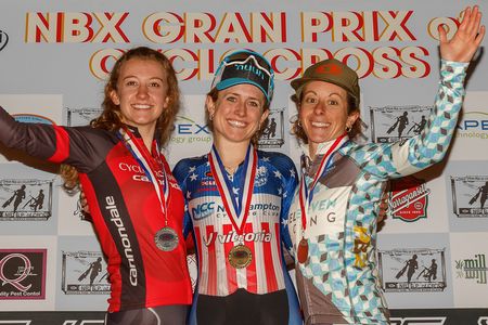 The Elite Women's podium: Noble claims the win, White second, Kemmerer third
