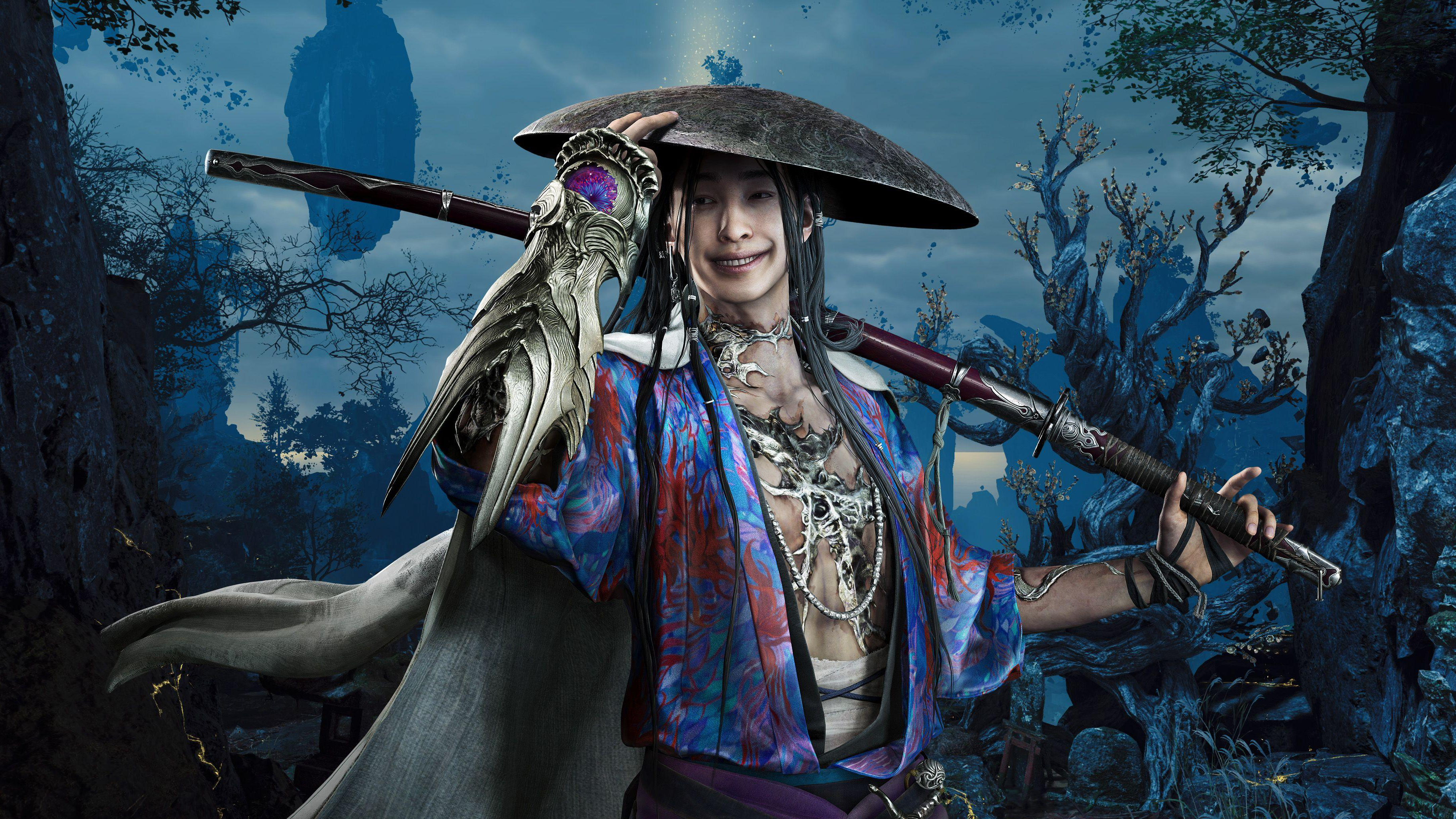 Capcom's new game, Onimusha: Way of the Sword's bad guy, Sasaki Ganryu, tipping his hat while holding a daikatana sword.