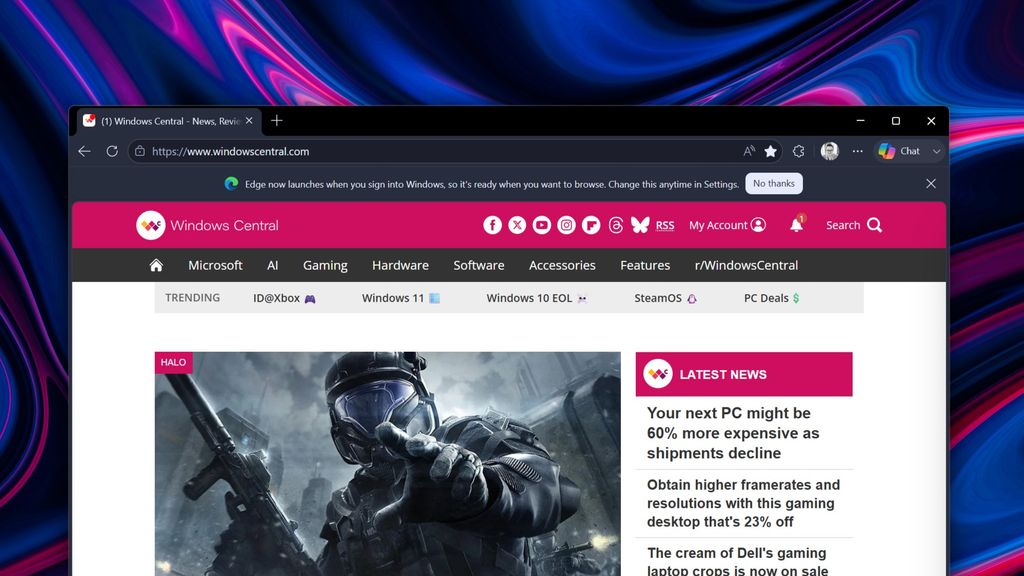 Edge automatically opening at startup banner