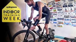 Aaron Borrill riding a bike on a turbo trainer