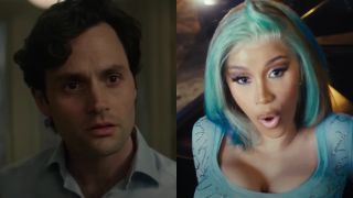 Joe Goldberg (Penn Badgley) looks unnerved on You, while Cardi B sings in the music video for "Point Me 2"