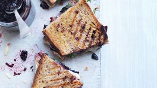 Toastie on a wooden serving board with a ramekin of chutney to show what not to cook in an air fryer