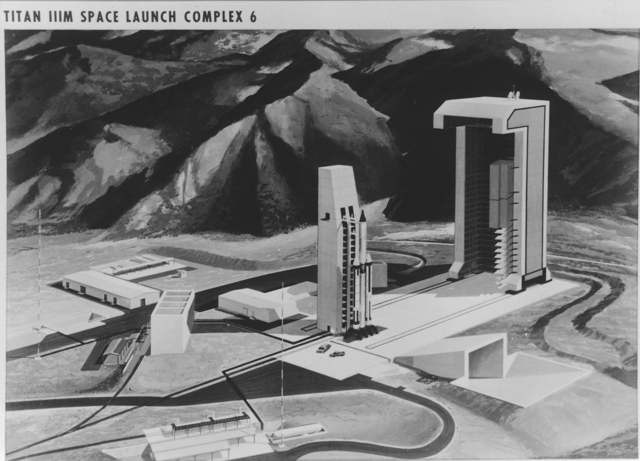 Artist's concept of the Manned Orbiting Laboratory/Titan&nbsp;III-M launch facility, known as Space Launch Complex 6 (SLC-6 or "Slick Six"), Vandenberg Air Force Base, California. Construction work continued into 1970 to complete the launch facility, even after the MOL program was canceled in mid-1969. The facility was "mothballed" for a decade and then reconstructed as the never-used West Coast space shuttle launch facility. Plans to fly the space shuttle from Vandenberg were abandoned after the 1986 space shuttle&nbsp;Challenger&nbsp;disaster.