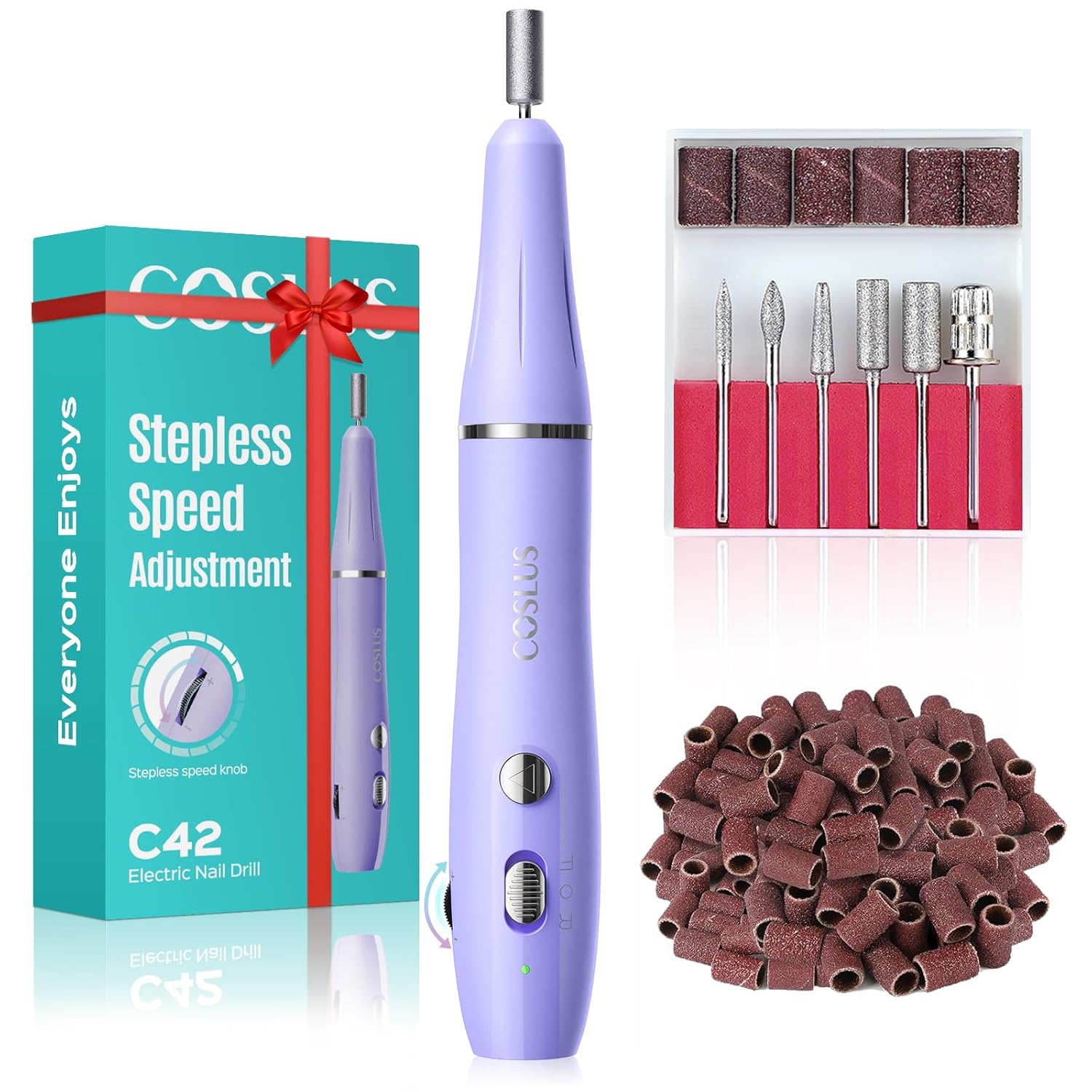 Coslus Cordless Electric Nail Drill File: Nail Drill Machine With Stepless Speed Knob for Acrylic Gel Dip Powder Polish, Professional Portable Manicure Pedicure Rechargeable for Home Salon Use Purple
