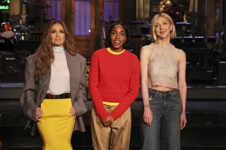 Musical guest Jennifer Lopez, host Ayo Edebiri, and Heidi Gardner during Promos in Studio 8H on Friday, February 2, 2024.