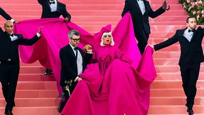 Fashion designer Brandon Maxwell and singer-songwriter and actress Lady Gaga are seen arriving to the 2019 Met Gala Celebrating Camp: Notes on Fashion at The Metropolitan Museum of Art on May 6, 2019 in New York City. 